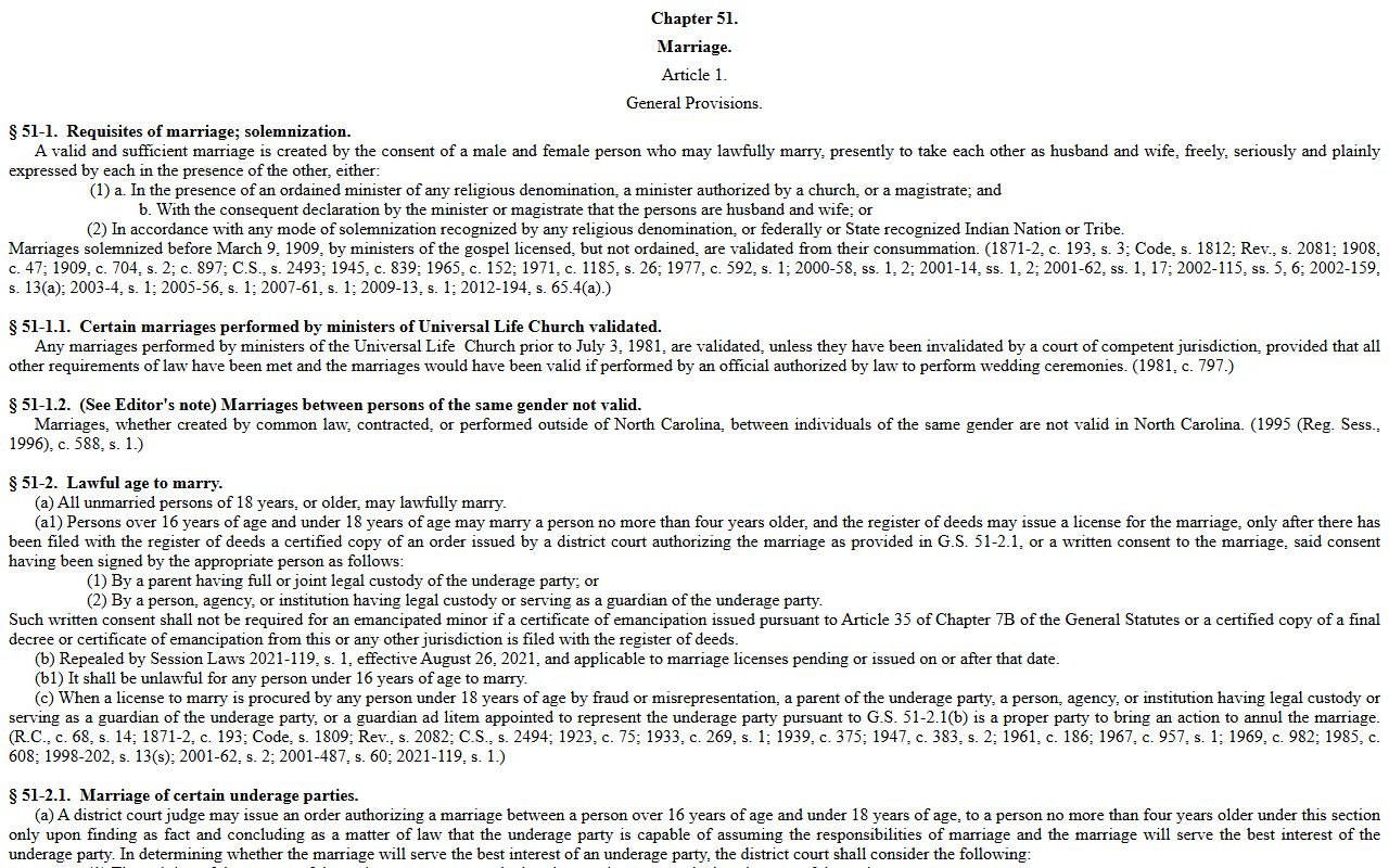 Northampton County marriage records North Carolina Chapter 51 marriage statutes